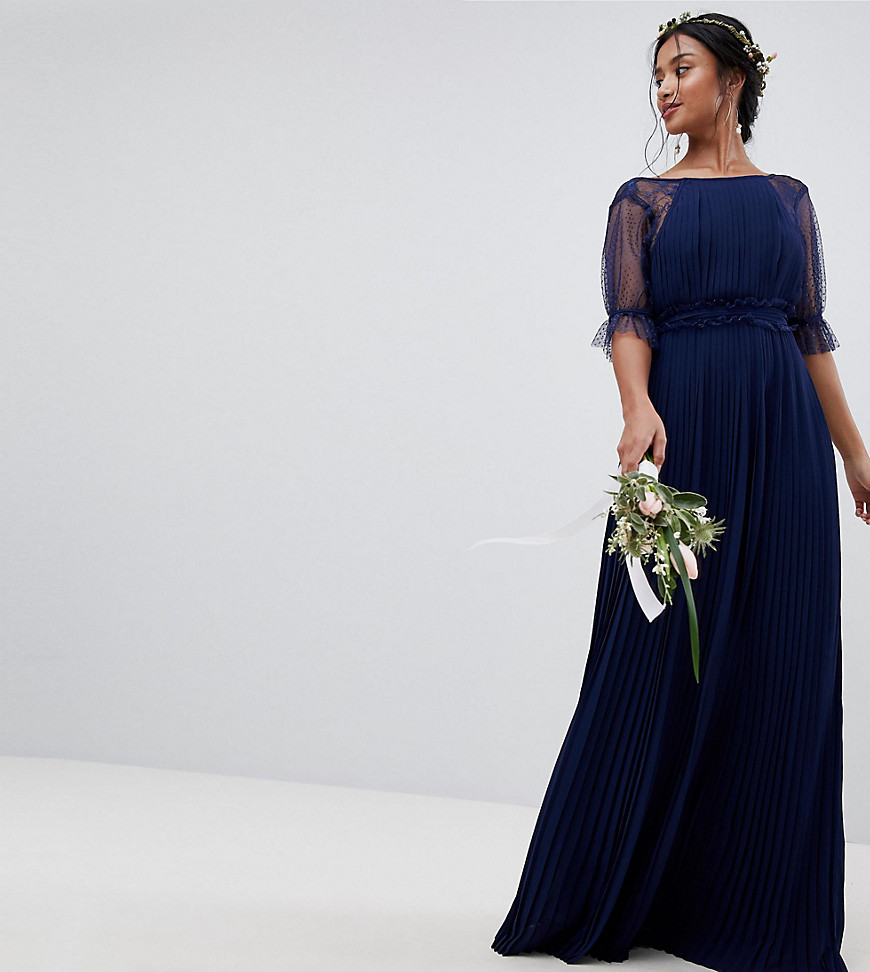 TFNC Petite Pleated Maxi Bridesmaid Dress With Spot Mesh Frill Detail-Navy