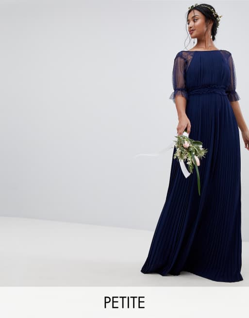 Petite pleated maxi bridesmaid dress with spot mesh frill sale detail