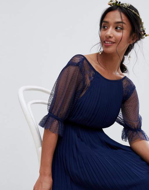 Petite pleated maxi bridesmaid dress with spot mesh frill sale detail