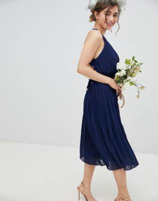 tfnc pleated midi bridesmaid dress with cross back and bow detail