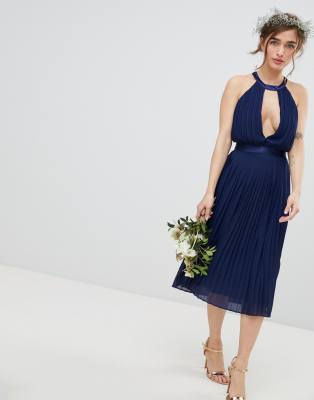 tfnc pleated midi bridesmaid dress with cross back and bow detail