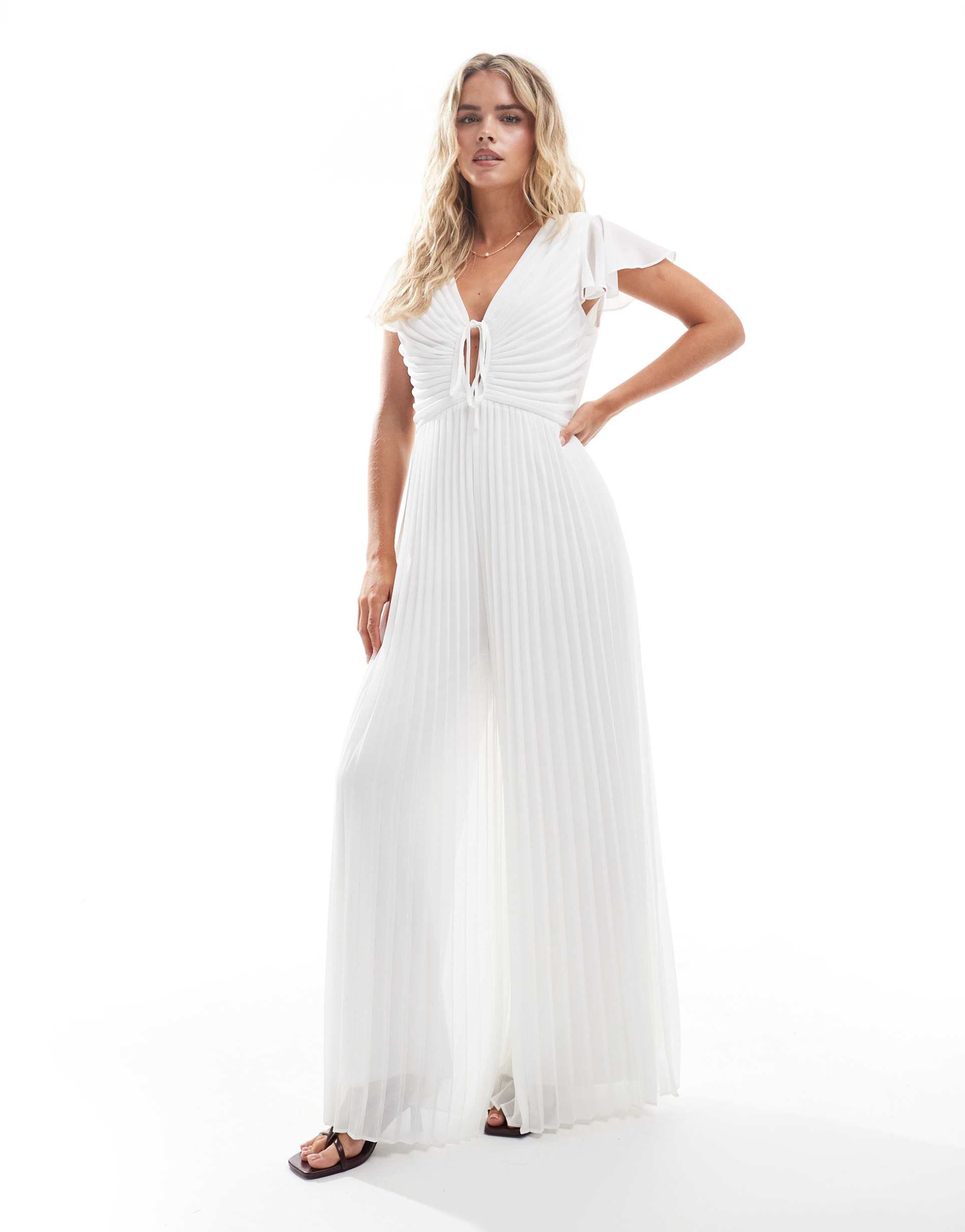 tfnc petite pleated wide leg jumpsuit with keyhole detail in cream