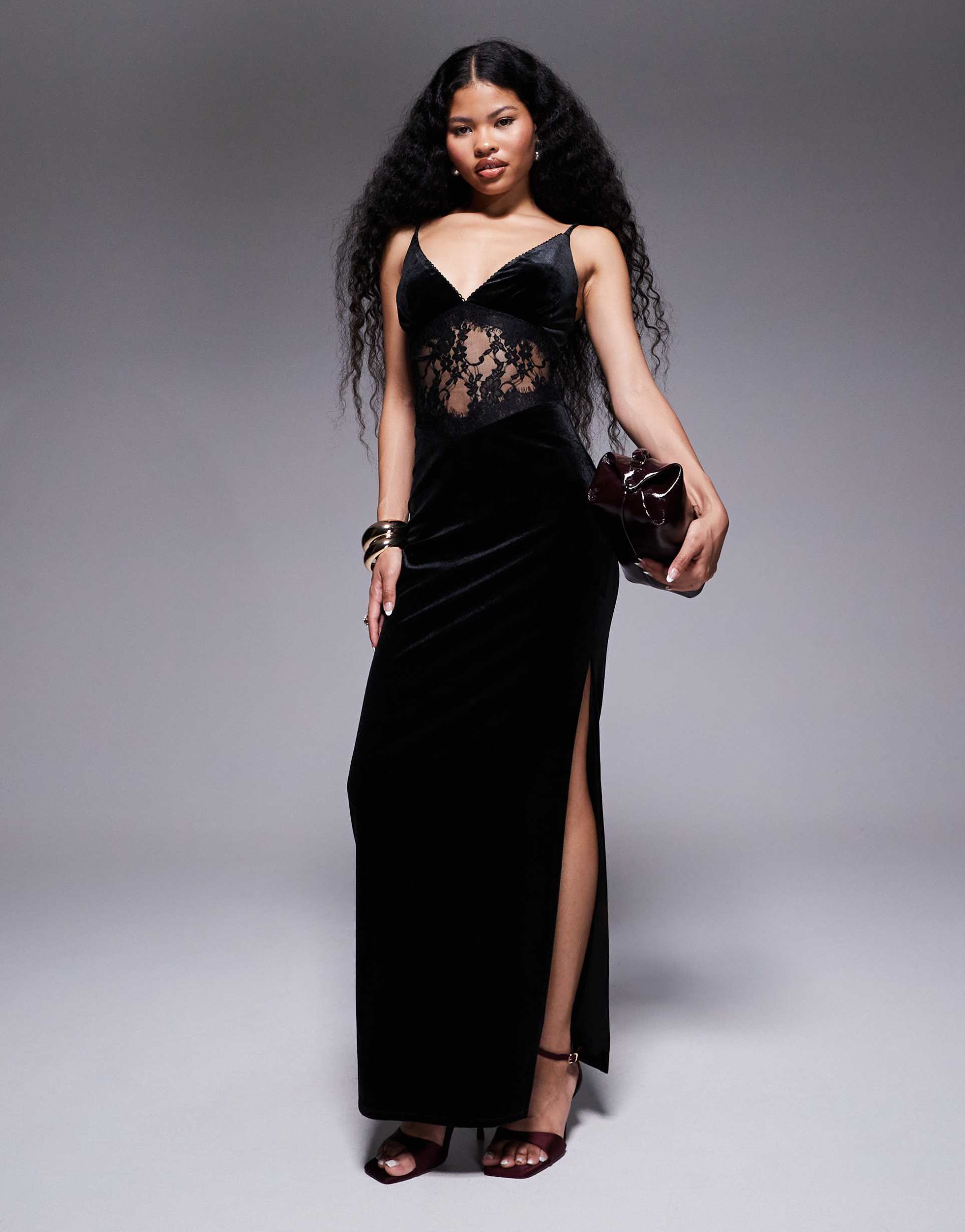 tfnc petite plunge neck maxi dress with lace insert in black velvet