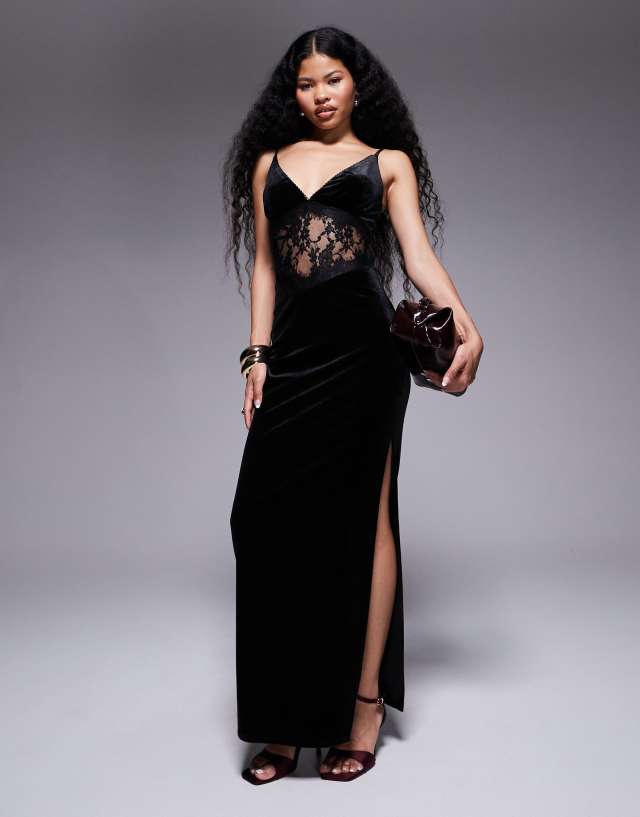 TFNC Petite plunge neck maxi dress with lace insert in black velvet