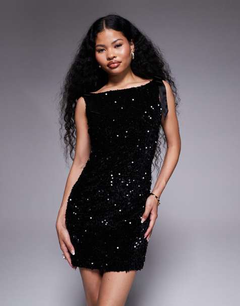 TFNC Petite premium mini dress with v-back and shoulder bows in black sequin - view 1