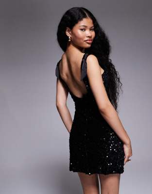 Tfnc Petite Premium Mini Dress With V-back And Shoulder Bows In Black