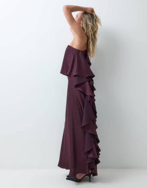 TFNC Petite Premium satin one shoulder ruffle detail asymmetric back maxi dress in deep plum, 3 of 5