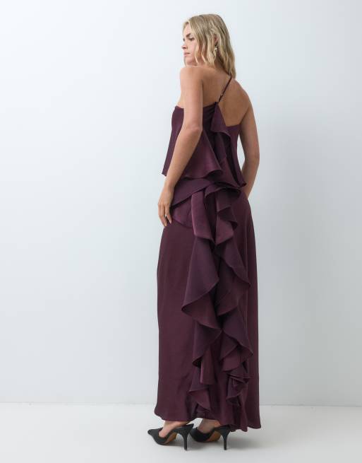 TFNC Petite Premium satin one shoulder ruffle detail asymmetric back maxi dress in deep plum, 4 of 5