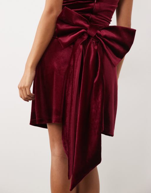 TFNC Petite robe courte en velours à col halter avec nœud, bordeaux, 2 de 4