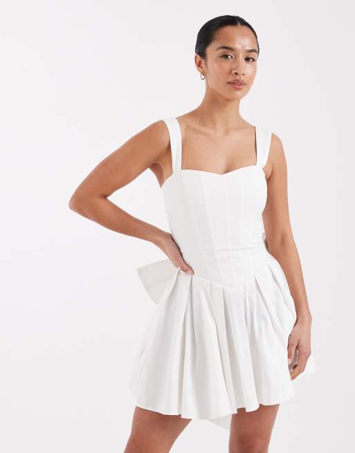 TFNC Petite - Robe de mariée courte plissée style corset avec nœud dans le dos - Ivoire, 3 de 4