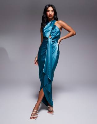 TFNC Petite - Robe dos nu avec jupe portefeuille en satin - Sarcelle-Vert