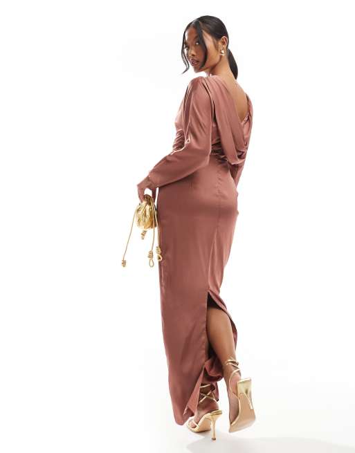 TFNC Petite - Robe longue à manches longues et dos bénitier en satin - Mûre, 3 de 4