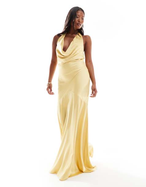 TFNC Petite - Robe longue de demoiselle d'honneur à dos nu et encolure bénitier - Miel - view 1