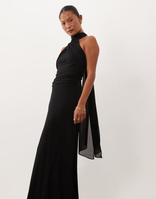 TFNC Petite - Robe longue de demoiselle d'honneur en mousseline drapée à dos nu - Noir, 4 de 4