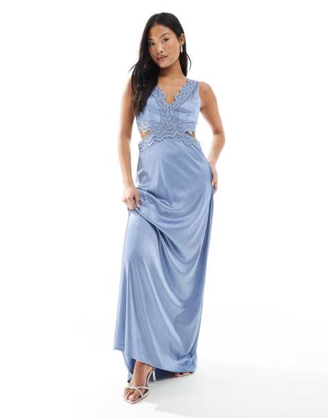 TFNC Petite - Robe longue de demoiselle d'honneur en satin avec détails festonnés en dentelle - Bleu cendré - view 1