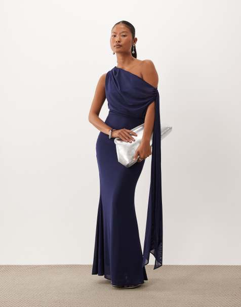 TFNC Petite robe longue en tulle drapée à une épaule avec lien, bleu marine - view 1