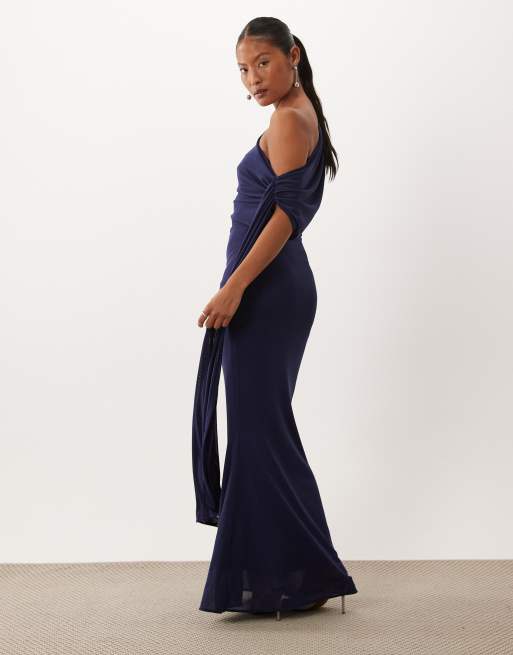 TFNC Petite robe longue en tulle drapée à une épaule avec lien, bleu marine, 4 de 4
