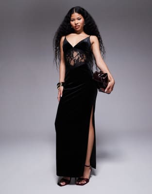 Robe longue en velours à décolleté plongeant et empiècement en dentelle - Noir 42