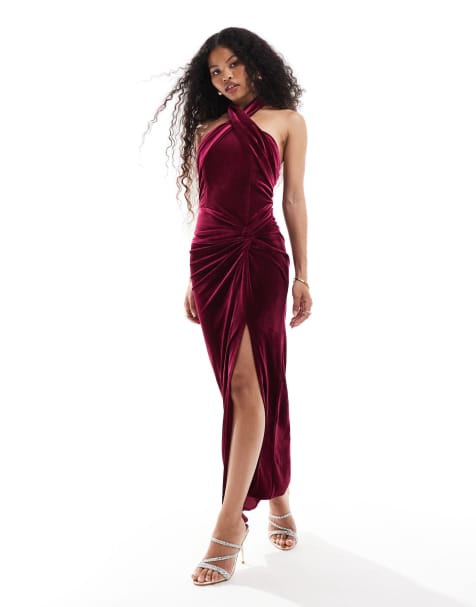 TFNC Petite - Robe longue en velours fendue sur la cuisse à encolure américaine - Bordeaux - view 1