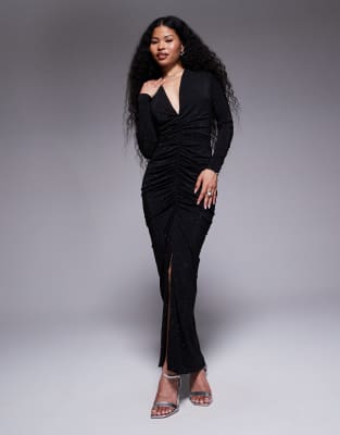 TFNC Petite - Robe longue ornementée à décolleté plongeant et manches longues - Noir