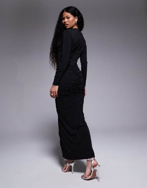 TFNC Petite - Robe longue ornementée à décolleté plongeant et manches longues - Noir, 3 de 4