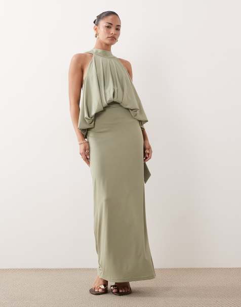 TFNC Petite - Robe longue près du corps à dos nu et col montant - Olive - view 1
