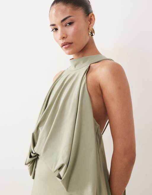 TFNC Petite - Robe longue près du corps à dos nu et col montant - Olive, 3 de 4
