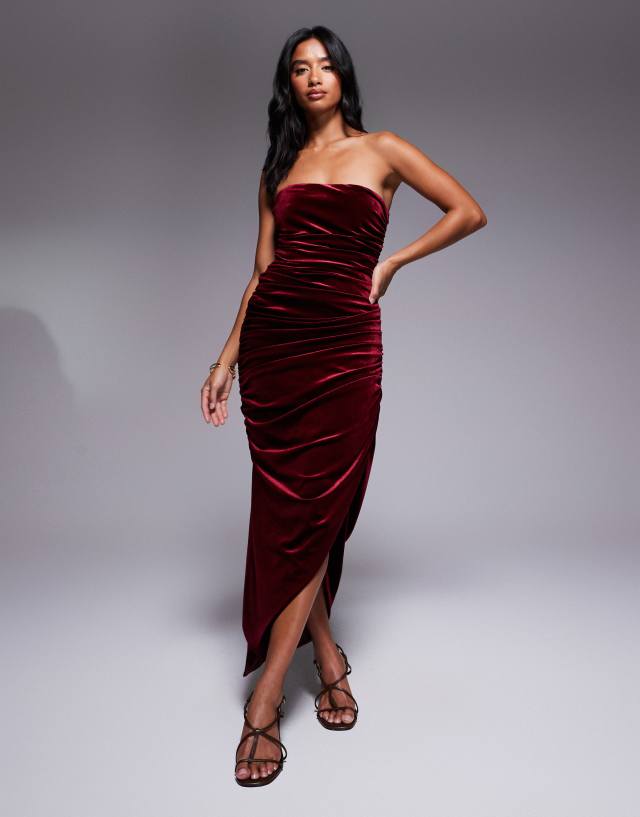 petite burgundy velvet dress TFNC ruched bandeau with asymmetric hem in Final Archive Sale Theodora Boho Bridesmaid streamlined shape Chiffon Colors:Red 808