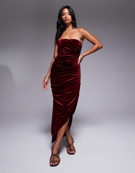 TFNC Petite ruched bandeau dress with uneven hem in burgundy velvet - view 1