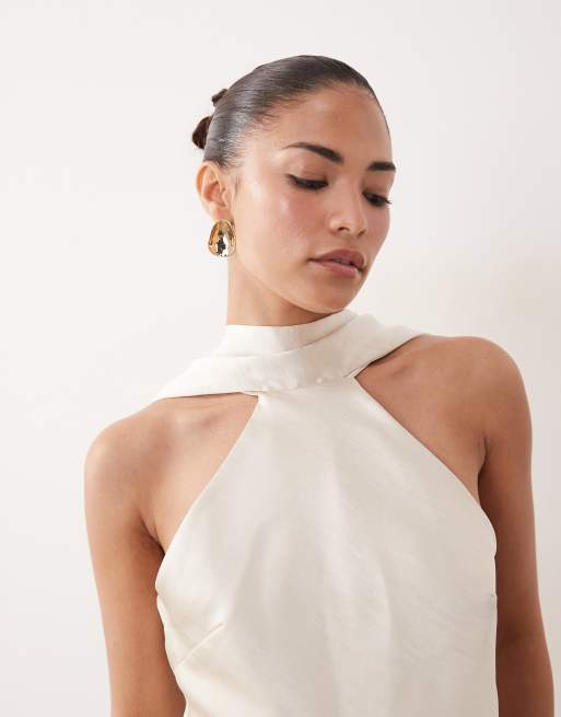 TFNC Petite - Satijnen mini jurk met sjaaldetail in crème, 3 van 4