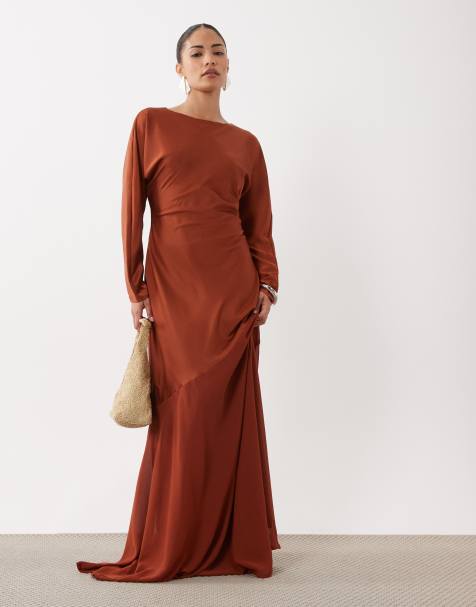 TFNC Petite satin bias round neck long sleeve chiffon skirt detail maxi dress in rust - view 1