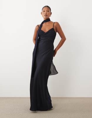 Tfnc Petite Satin Bust Chiffon Scarf Detail Cami Maxi Dress In Navy