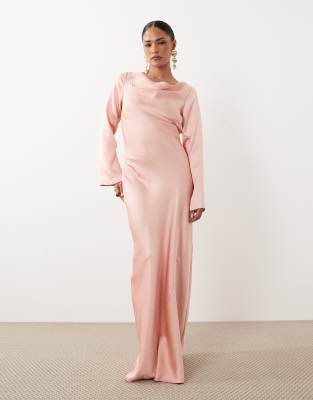 Tfnc Petite Satin Flared Long Sleeve Maxi Dress In Pink