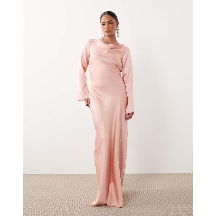 pink silk dress long sleeve Dusty Pink Silk Midi Dress With Bow Tie Neck and Long Sleeves