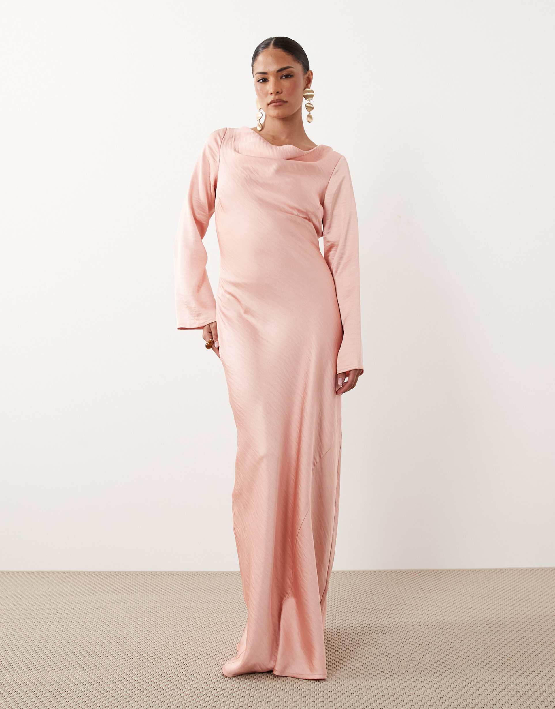 tfnc petite satin flared long sleeve maxi dress in baby pink