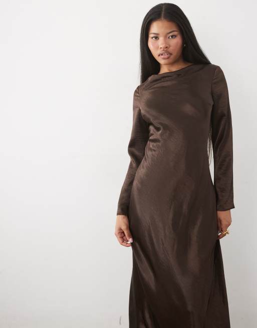 TFNC Petite satin flared long sleeve maxi dress in chocolate, 2 of 4