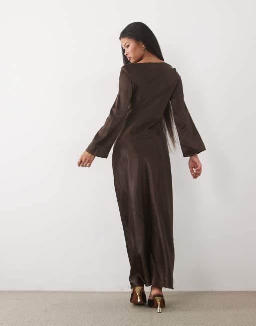 TFNC Petite satin flared long sleeve maxi dress in chocolate, 4 of 4