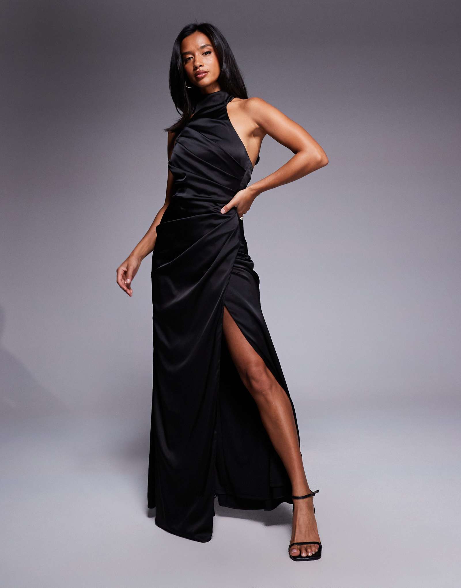 Миниатюрное атласное макси-платье TFNC с высоким воротом черного цвета