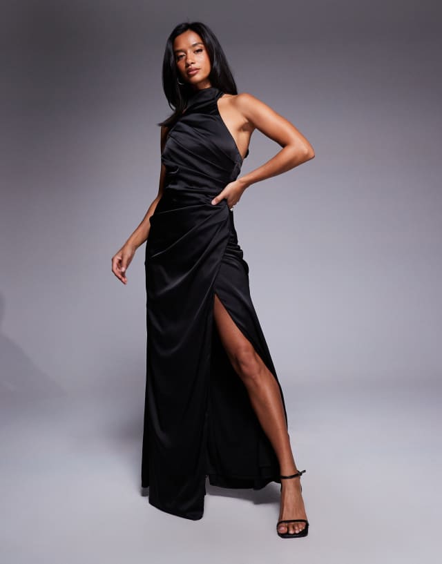 petite black maxi dress TFNC satin high neck in Dress style:DRESS ONLY In black satin Moss Black tie wedding. $250k+
