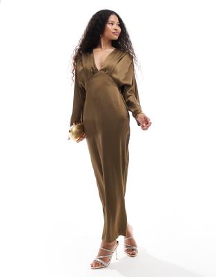 satin kimono top maxi dress in olive-Green