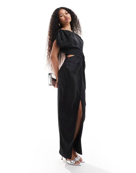 TFNC Petite – Satin-Maxikleid in Schwarz mit Knotendetail und Zierausschnitt in der Taille - view 1
