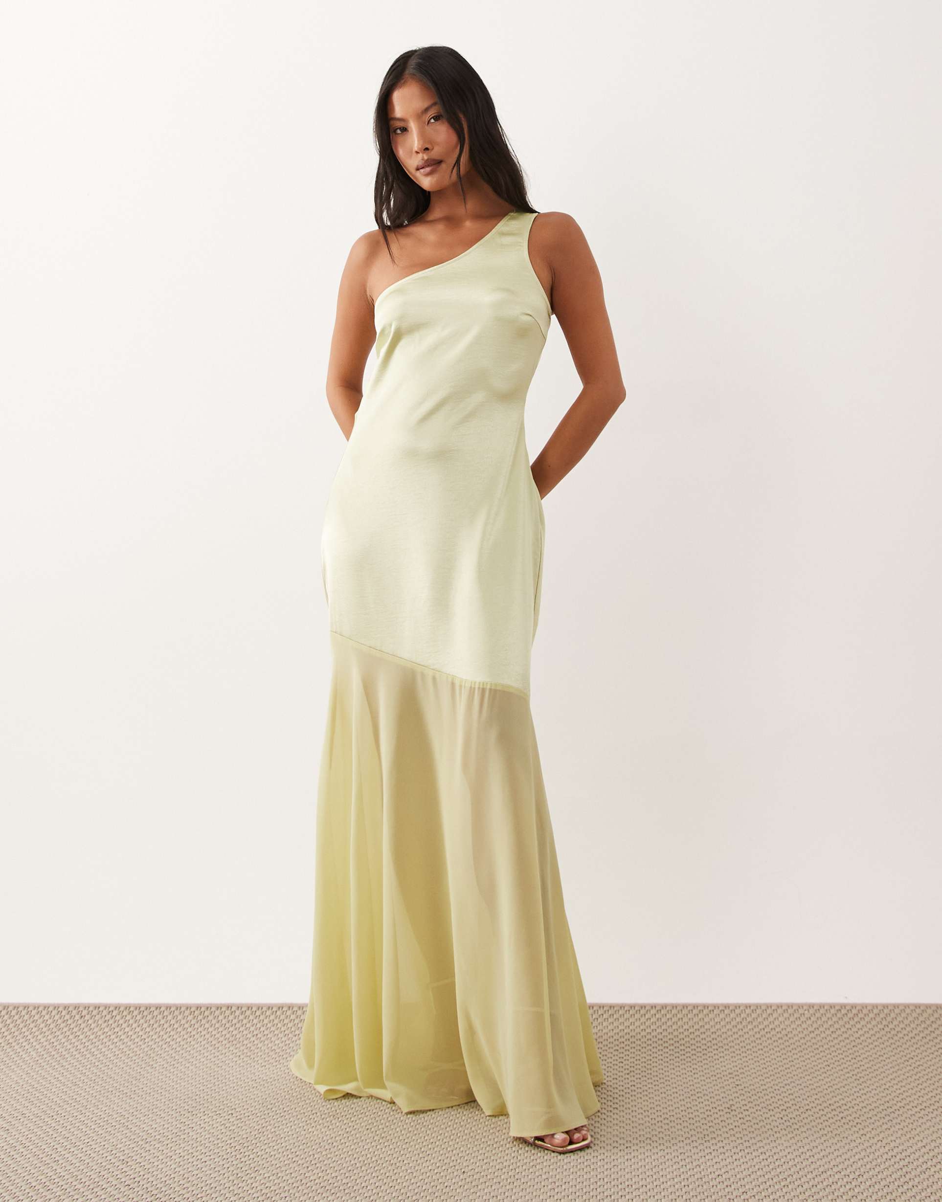 tfnc petite satin one shoulder cowl back chiffon maxi skirt in lime
