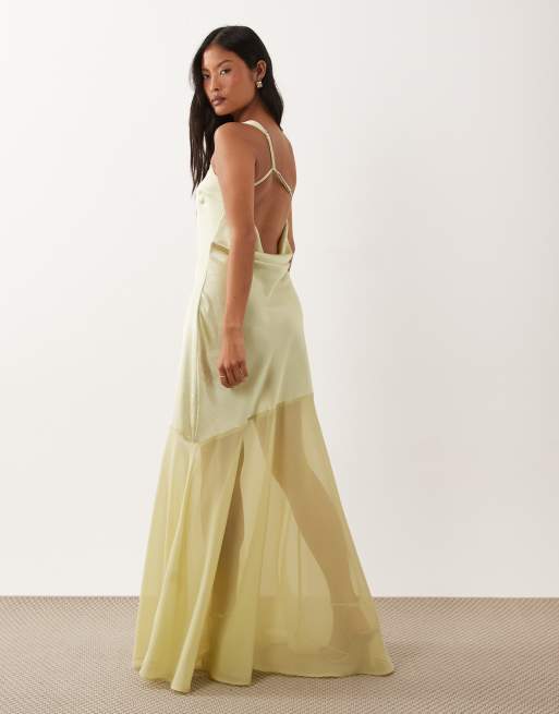 TFNC Petite satin one shoulder cowl back chiffon maxi skirt in lime, 4 of 4