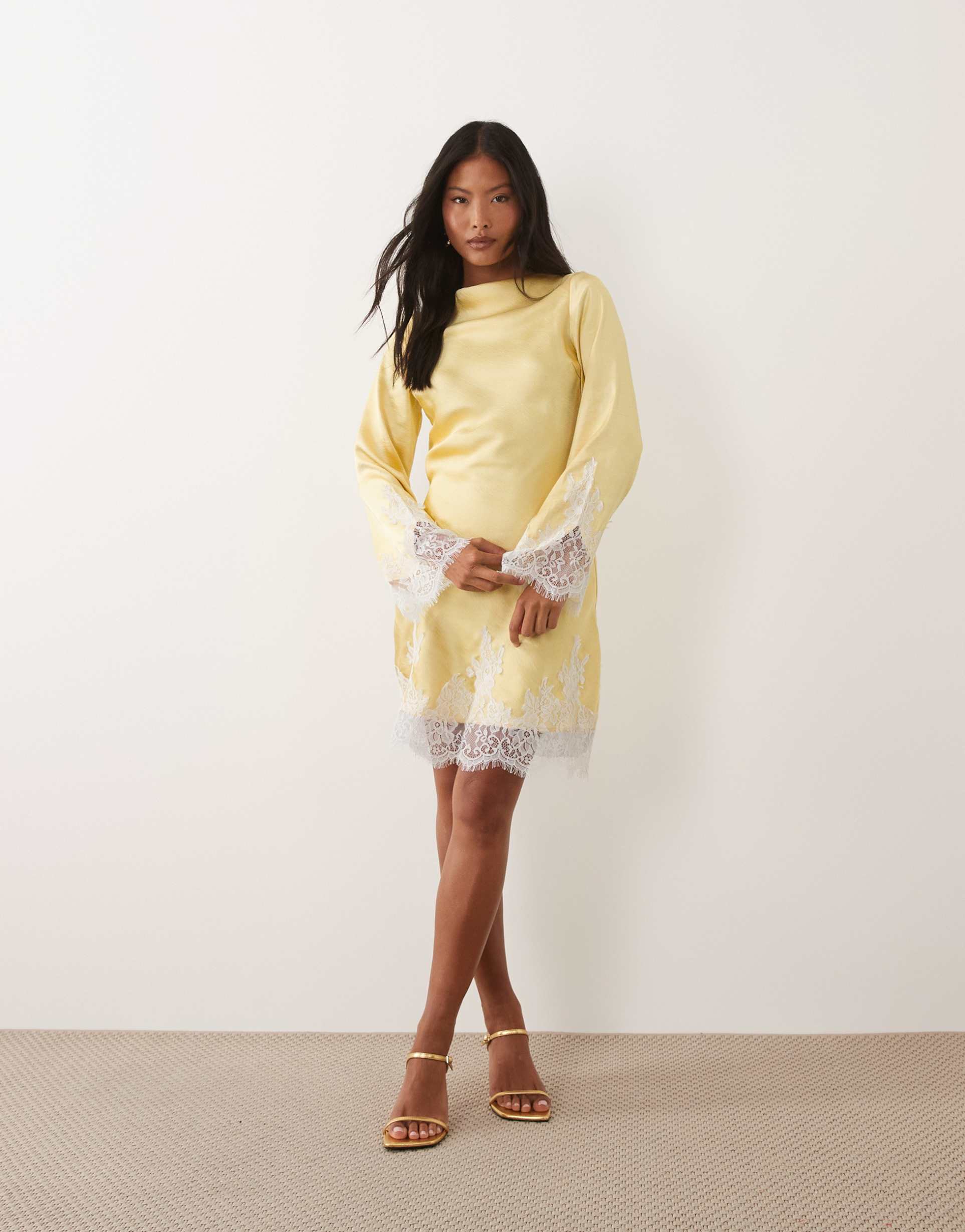 tfnc petite satin slash neck long sleeve lace detail mini dress in lemon