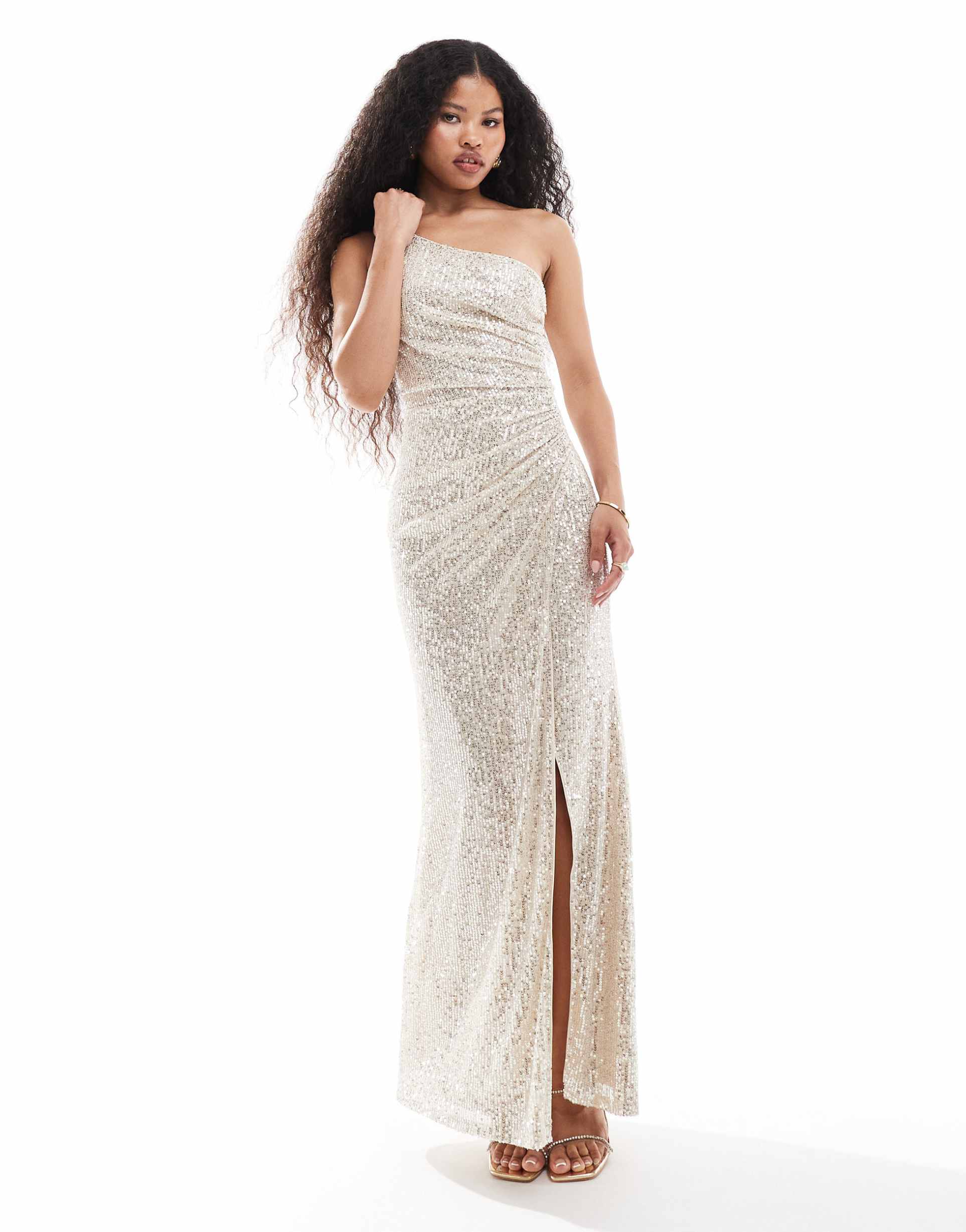 tfnc petite sequin one shoulder maxi dress in silver