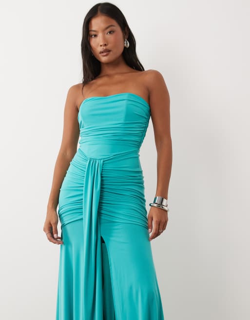 TFNC Petite slinky bandeau ruched maxi dress in aqua, 3 of 4
