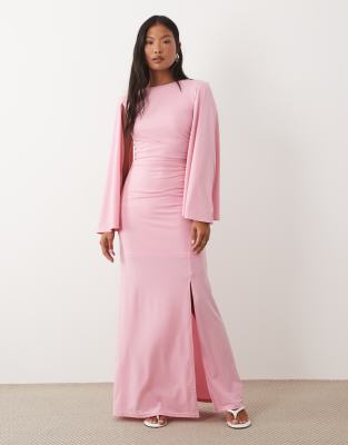 Tfnc Petite Slinky Cape Sleeve Ruched Side Maxi Dress In Green