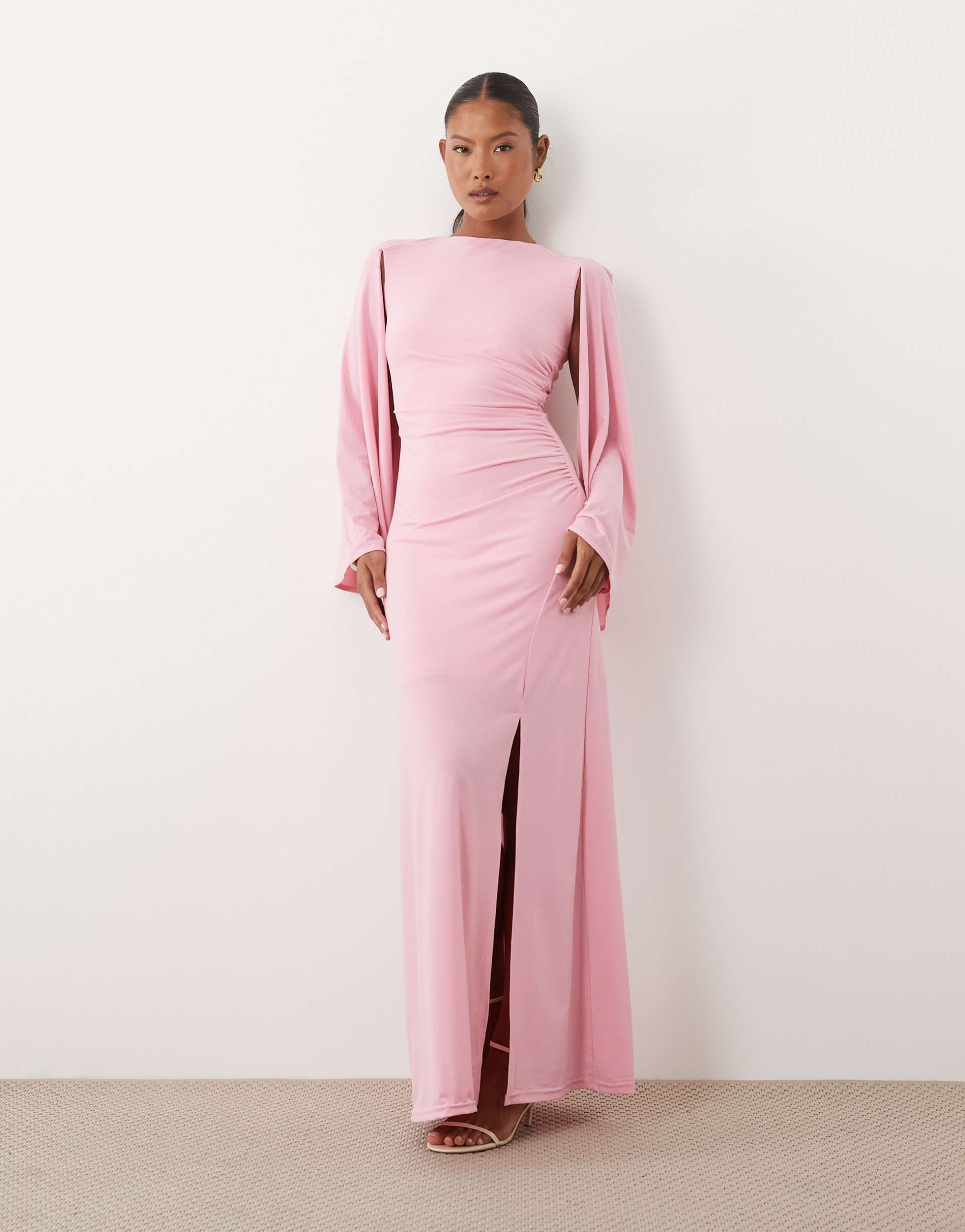 tfnc petite slinky cape sleeve ruched side maxi dress in pink