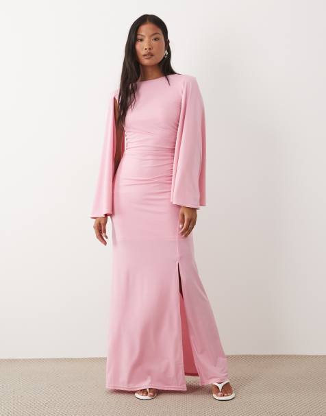 TFNC Petite slinky cape sleeve ruched side maxi dress in pink