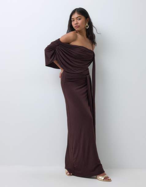 TFNC Petite slinky drape off shoulder knot drape detail maxi dress in chocolate